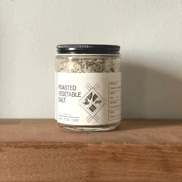 Roasted Vegetable Salt in Glass Jar with black top and white label